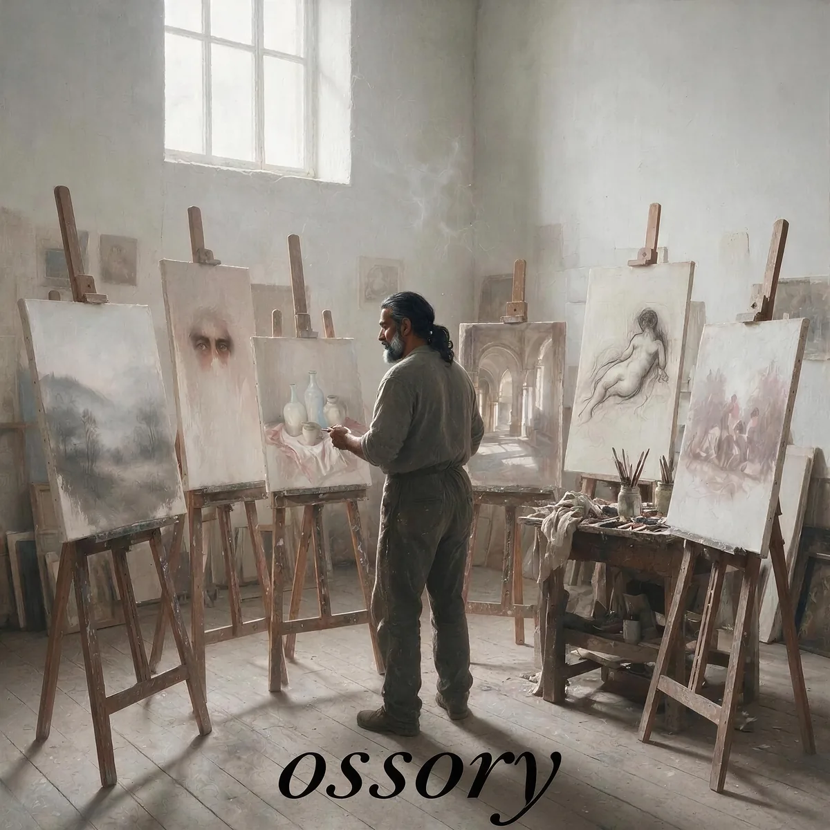 Ossory Art — a painter at work in a white studio