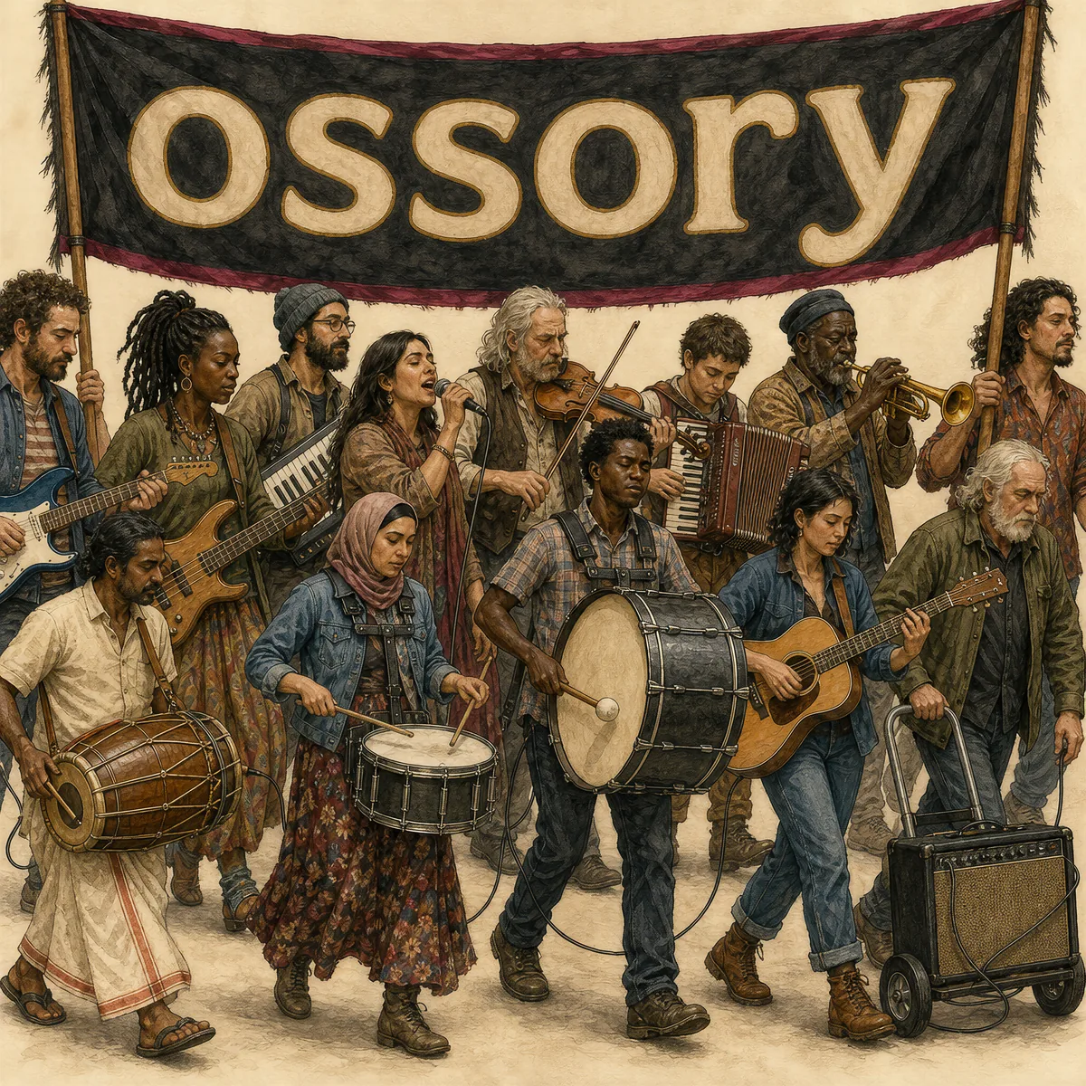 Ossory Music — a street band beneath an OSSORY banner