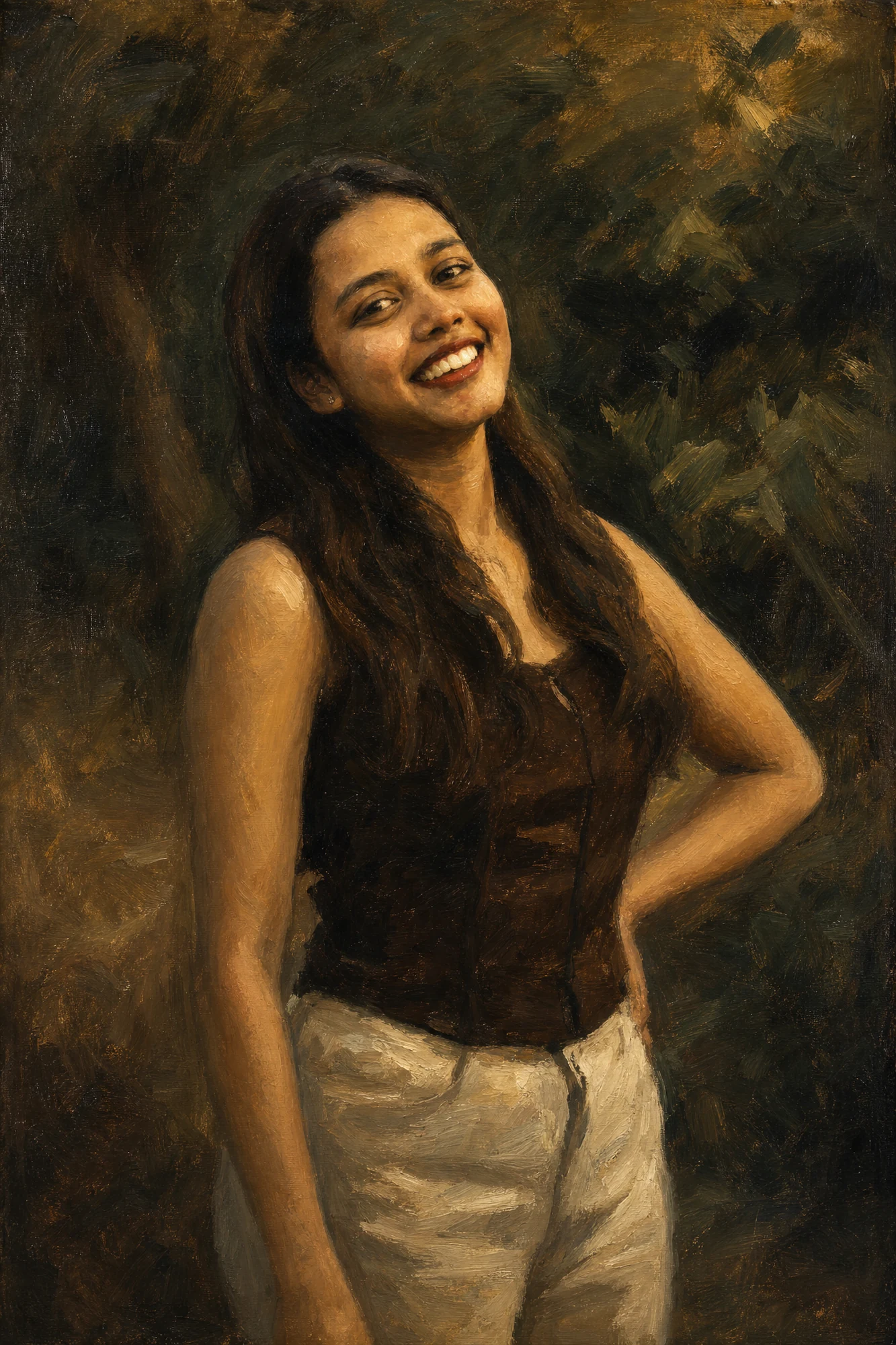 A young woman in a dark bodice, caught in warm dusk light with confident wet-into-wet strokes placed once and left alone.