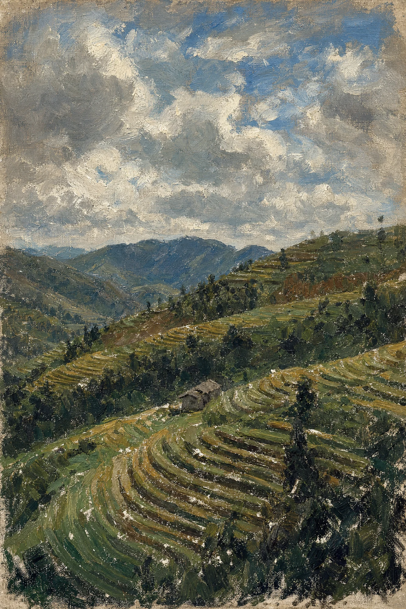 The same terraces in fresh broken dabbing brushwork under a fast-moving cloud study, flecked with pure white to catch the light.